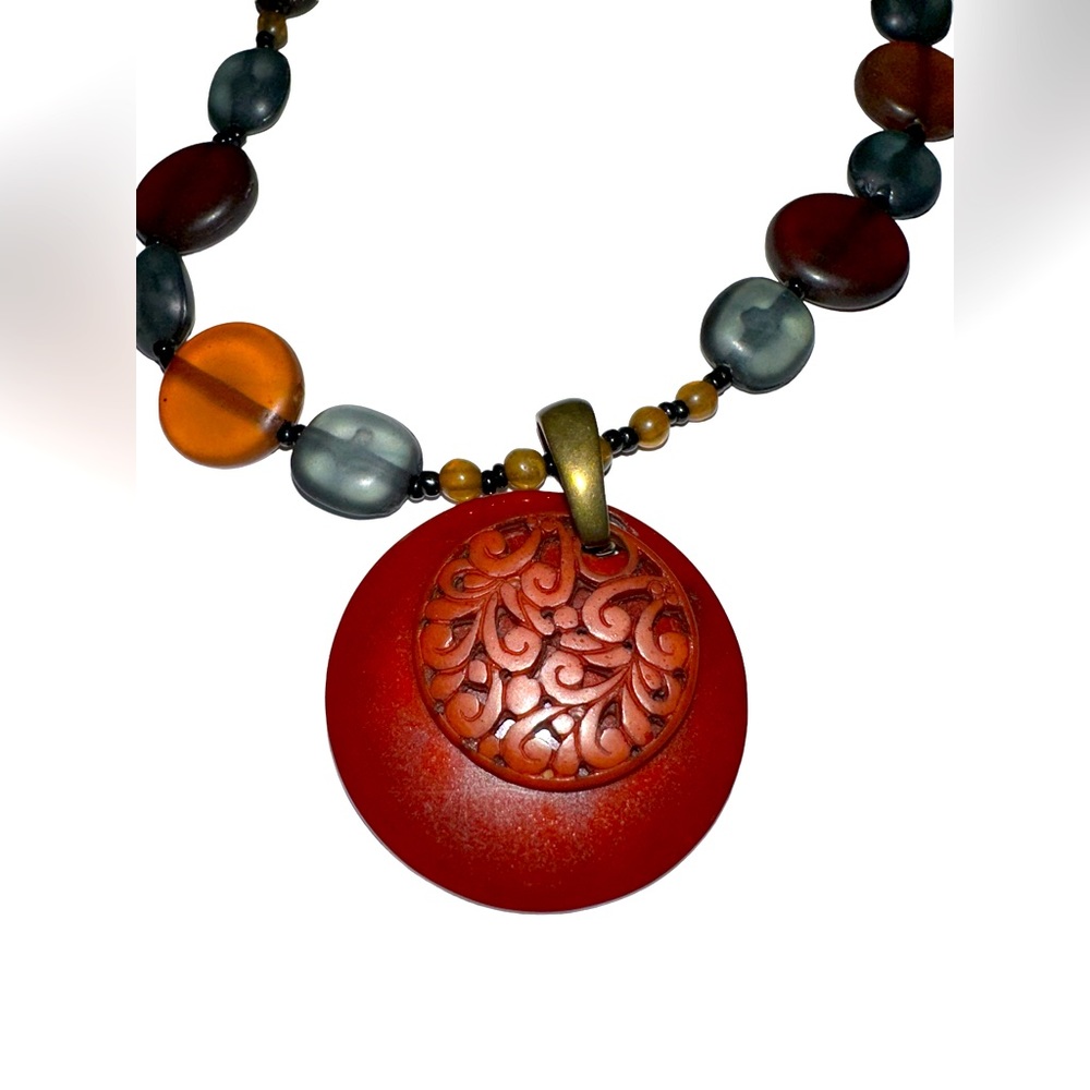Beautiful Deep Red circle pendant with filigree design on blue, gold beads 16-19